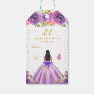 Purple Floral Dark Skin Girl Happy Birthday Gift Tags