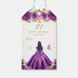 Purple Floral Dark Skin Girl Happy Birthday Gift Tags