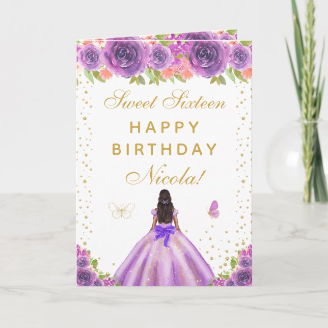Purple Floral Dark Skin Girl Sweet Sixteen Card (Front)