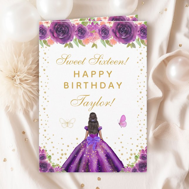 Purple Floral Dark Skin Girl Sweet Sixteen Card (Creator Uploaded)