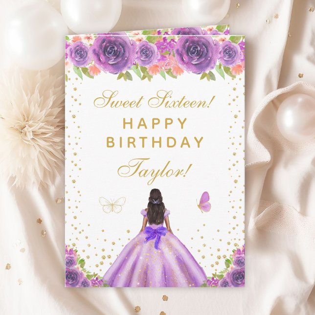 Purple Floral Dark Skin Girl Sweet Sixteen Card (Creator Uploaded)