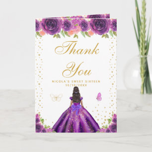 Purple Floral Dark Skin Girl Sweet Sixteen Thank You Card