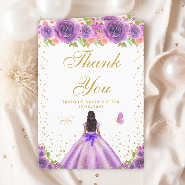 Purple Floral Dark Skin Girl Sweet Sixteen Thank You Card (Creator Uploaded)
