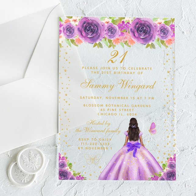 Purple Floral Dark Skin Princess Birthday Party Acrylic Invitations (Creator Uploaded)
