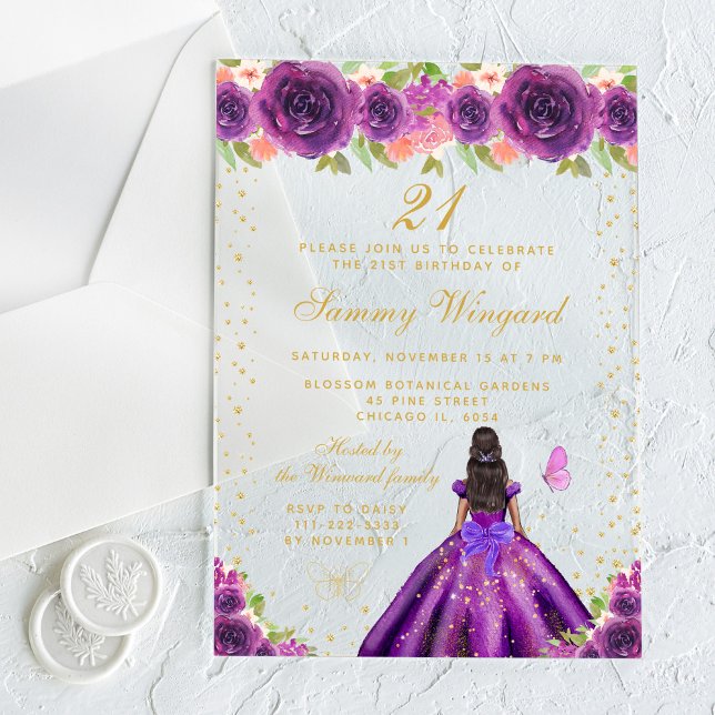 Purple Floral Dark Skin Princess Birthday Party Acrylic Invitations (Creator Uploaded)