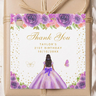 Purple Floral Dark Skin Princess Birthday Party Favour Tags