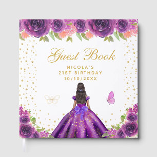Purple Floral Dark Skin Princess Birthday Party Guest Book