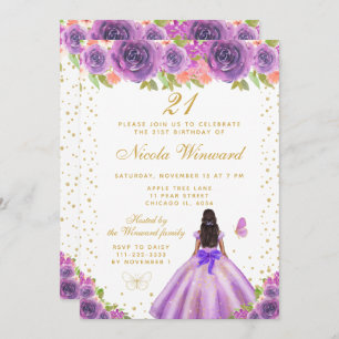 Purple Floral Dark Skin Princess Birthday Party Invitation