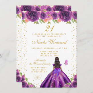 Purple Floral Dark Skin Princess Birthday Party Invitation