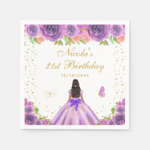 Purple Floral Dark Skin Princess Birthday Party Napkin