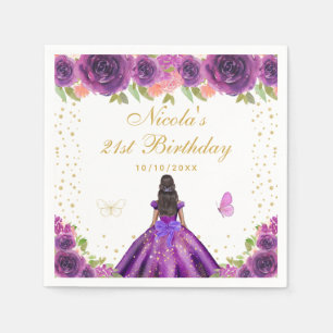 Purple Floral Dark Skin Princess Birthday Party Napkin