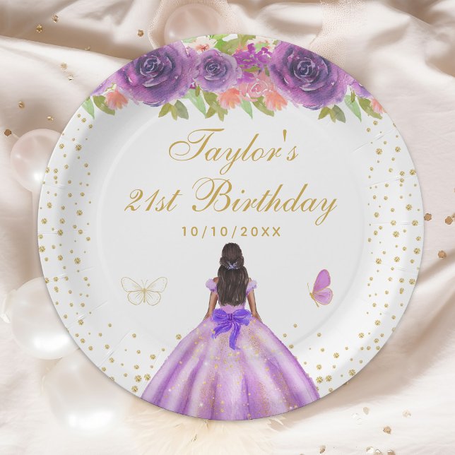 Purple Floral Dark Skin Princess Birthday Party Paper Plate (Creator Uploaded)