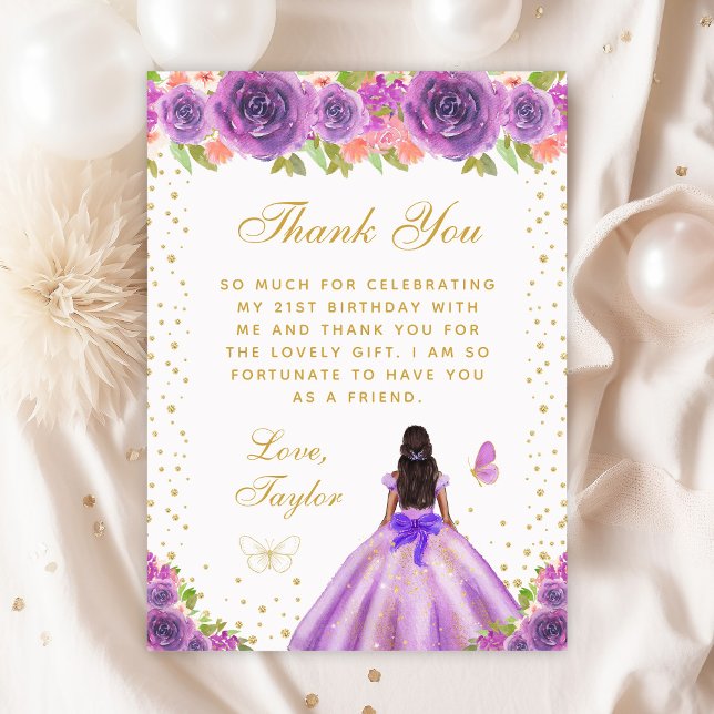 Purple Floral Dark Skin Princess Birthday Party Thank You Card (Creator Uploaded)