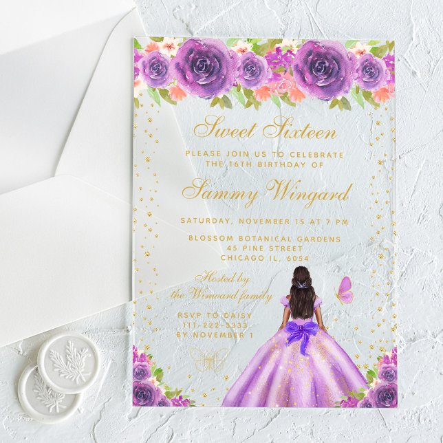 Purple Floral Dark Skin Princess Sweet Sixteen Acrylic Invitations (Creator Uploaded)