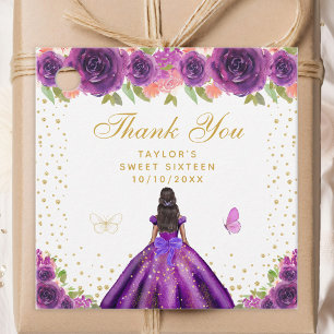 Purple Floral Dark Skin Princess Sweet Sixteen Favour Tags