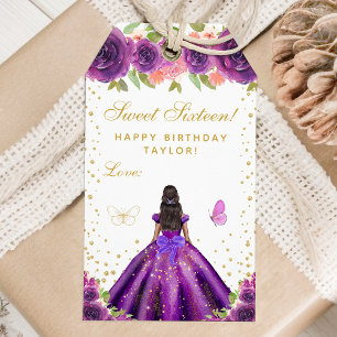 Purple Floral Dark Skin Princess Sweet Sixteen Gift Tags