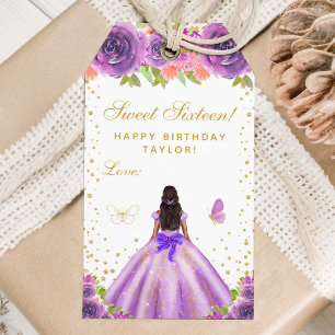 Purple Floral Dark Skin Princess Sweet Sixteen Gift Tags