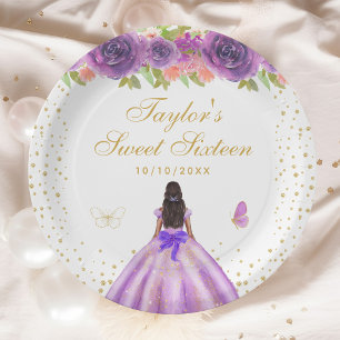Purple Floral Dark Skin Princess Sweet Sixteen Paper Plate