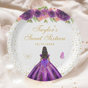 Purple Floral Dark Skin Princess Sweet Sixteen Paper Plate