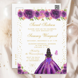 Purple Floral Dark Skin Princess Sweet Sixteen Postcard