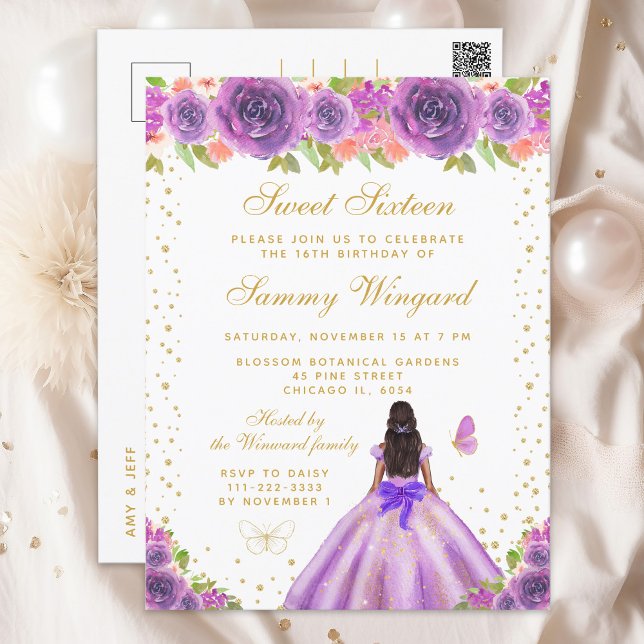 Purple Floral Dark Skin Princess Sweet Sixteen Postcard (Creator Uploaded)