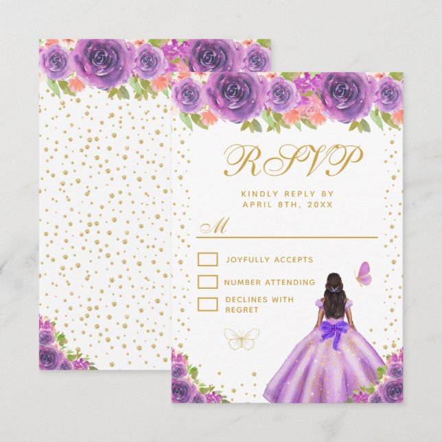 Purple Floral Dark Skin Princess Sweet Sixteen RSVP Card (Front/Back)