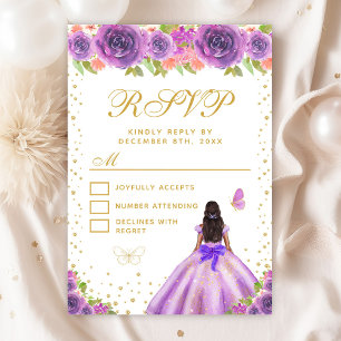 Purple Floral Dark Skin Princess Sweet Sixteen RSVP Card