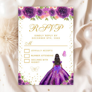 Purple Floral Dark Skin Princess Sweet Sixteen RSVP Card