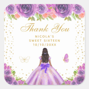 Purple Floral Dark Skin Princess Sweet Sixteen Square Sticker
