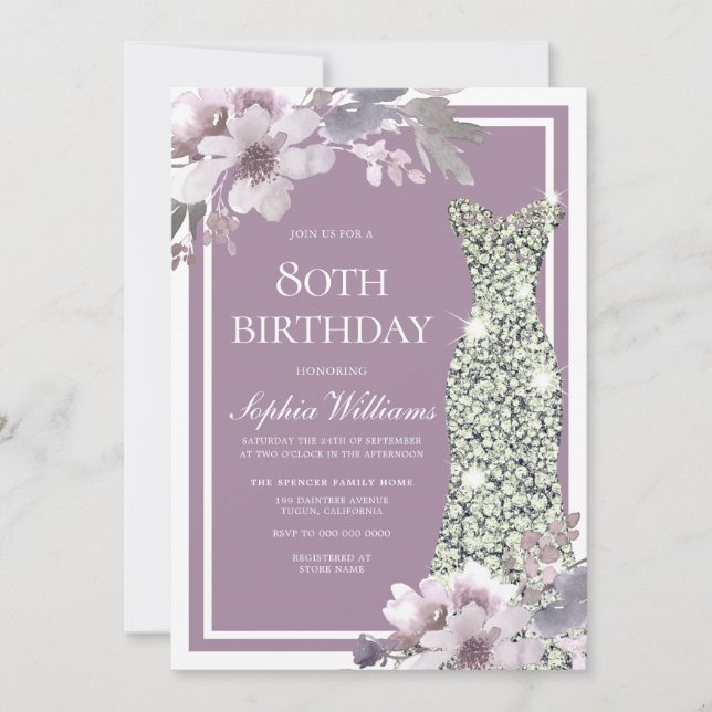 Purple Floral Diamond Dress Womans 80th Birthday Invitation (Front)