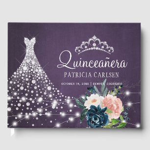 Purple floral diamond princess tiara quinceanera guest book