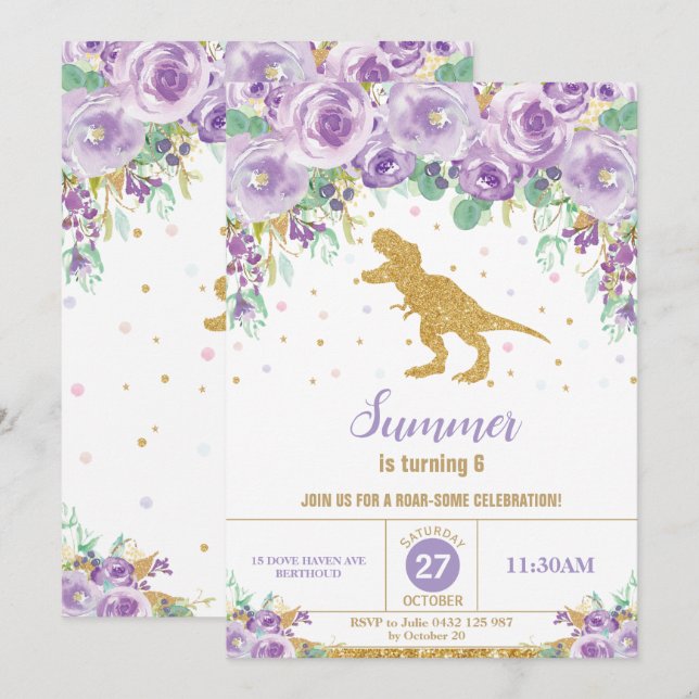 Purple Floral Dinosaur Birthday Party Girl T-Rex Invitation (Front/Back)