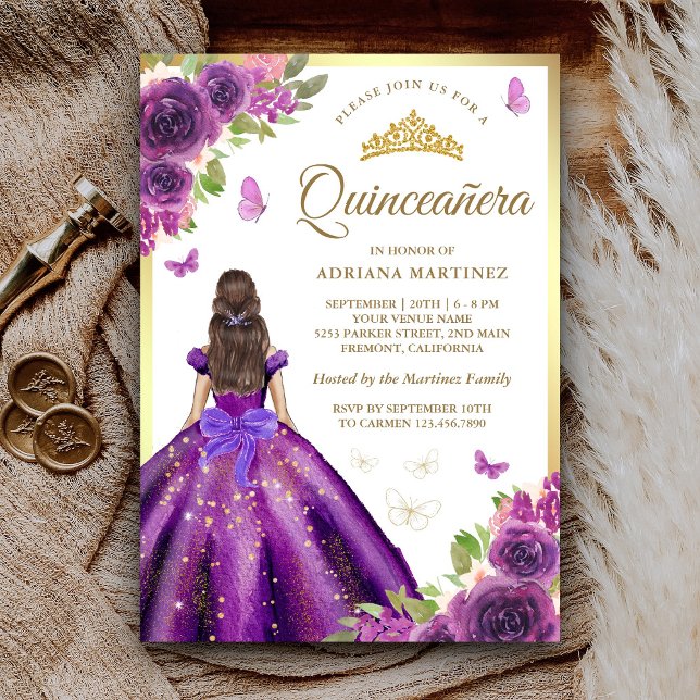 Purple Floral Dress Butterfly Gold Quinceanera Invitation (Creator Uploaded)
