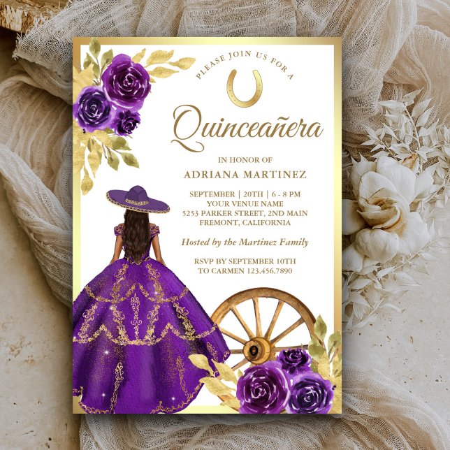 Purple Floral Dress Charro Gold Quinceanera Invitation (Creator Uploaded)