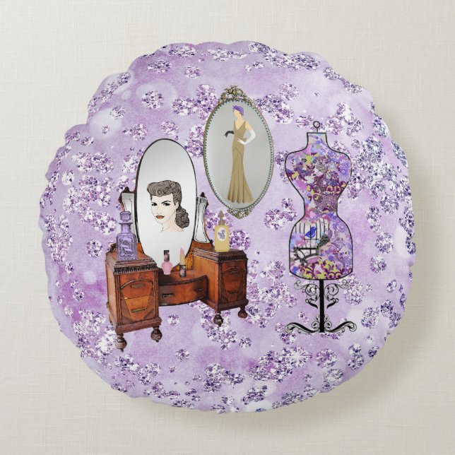 Purple Floral Dress Form & Dresser Bokeh Bling Round Cushion (Front)
