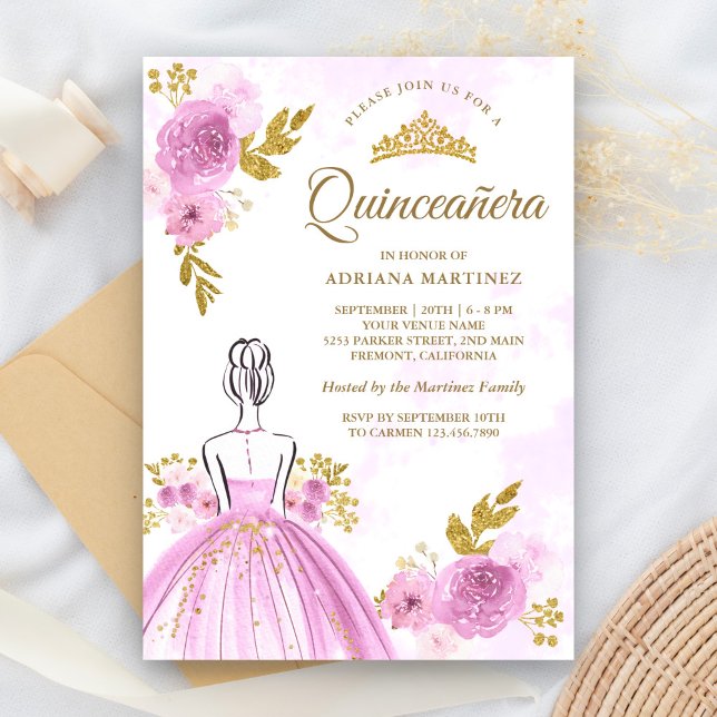 Purple Floral Dress Princess Gold Quinceanera Invitation (Creator Uploaded)