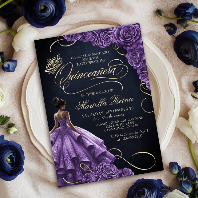 Purple Floral Dress Quinceañera Invitation (Creator Uploaded)
