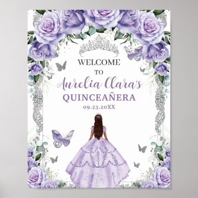 Purple Floral Dress Quinceañera Vintage Silver Poster (Front)