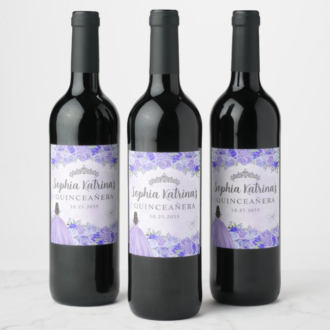Purple Floral Dress Tiara Quinceanera Birthday Wine Label (Bottles)