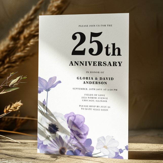 Purple Floral Elegant 25th Wedding Anniversary Invitation (Creator Uploaded)