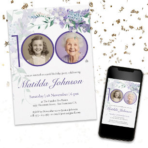 Purple Floral Elegant Custom Photo 100th Birthday Invitation