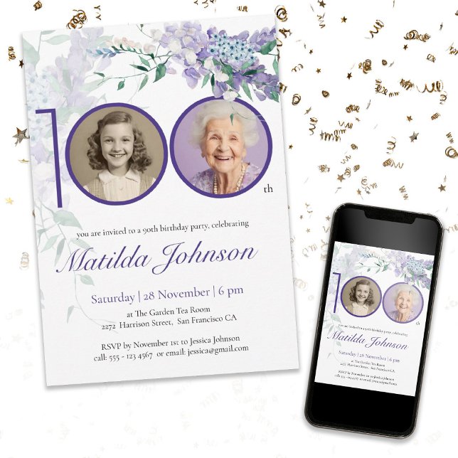 Purple Floral Elegant Custom Photo 100th Birthday  Invitation (Mock Up View)