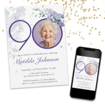 Purple Floral Elegant Custom Photo 90th Birthday