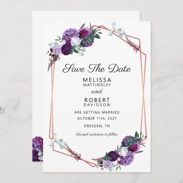 Purple Floral Elegant Geometric Save the Date (Front/Back)