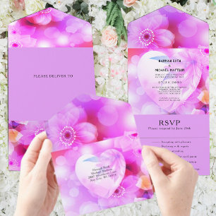 Purple Floral Elegant Romantic Glow Wedding All In One Invitation