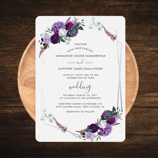 Purple Floral Elegant Rose Gold Wedding Silver (Purple Floral Watercolor Script Geometric Wedding Silver Foil Invitation)