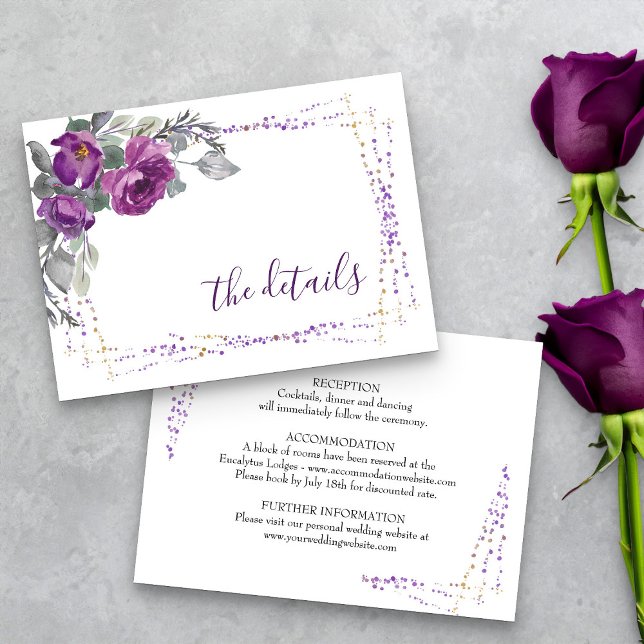 Purple Floral Elegant Script Wedding Details Enclosure Card (Purple floral details insert card from my Plush Purple Wedding Collection )