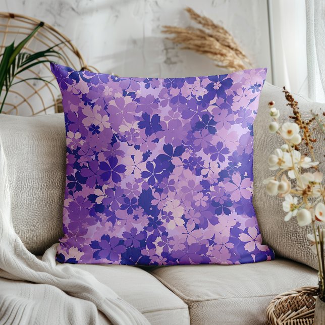 Purple Floral Elegant Violet Blossom Pattern Cushion (Beautifully layered design of violet, lavender, and plum blossoms. )