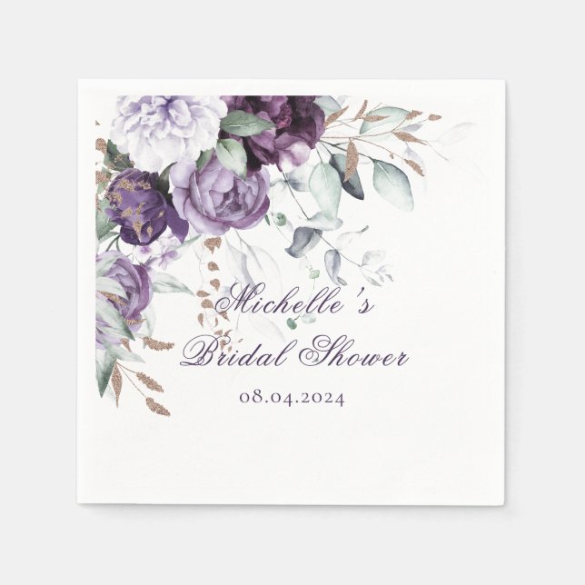 Purple Floral Elegant Watercolor Bridal Shower Napkin (Front)