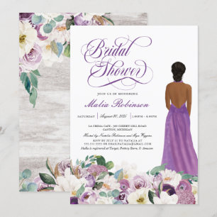 Purple Floral Elegant Wedding Gown Bridal Shower Invitation